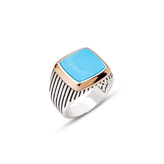 Square Turquoise Stone Men's Silver Ring with Striped Pattern