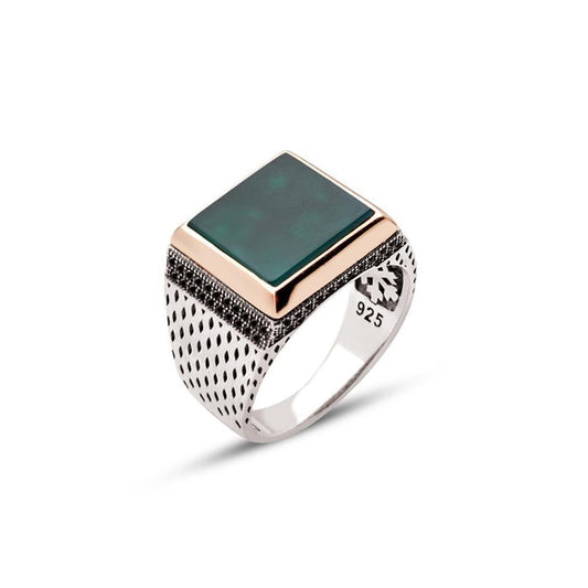 Square Green Agate Mens Rings Silver