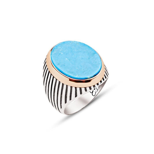 Turquoise Stone Ellipse Silver Men's Ring with Striped Siding Pattern