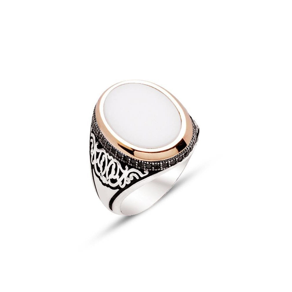 Mother-of-Pearl Ellipse Silver Men's Ring with Siding Zircons US: 8.25 (58 mm)