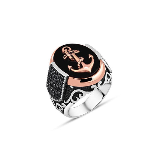 Anchor Onyx Silver Ring For Men