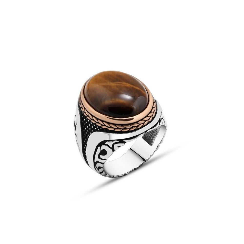 Domic Ellipse Tiger Eye Stone Braided Style Silver Men's Ring