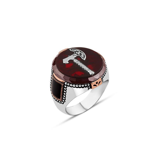 Red Agate Stone Circle Men's Silver Ring with Viking Axe and Onyx Siding