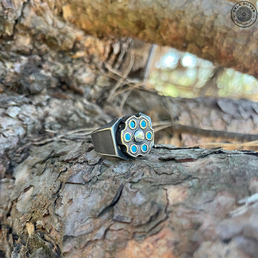 Blue Zircon Micro-Detailed Fidget Spinner Silver Ring on tree