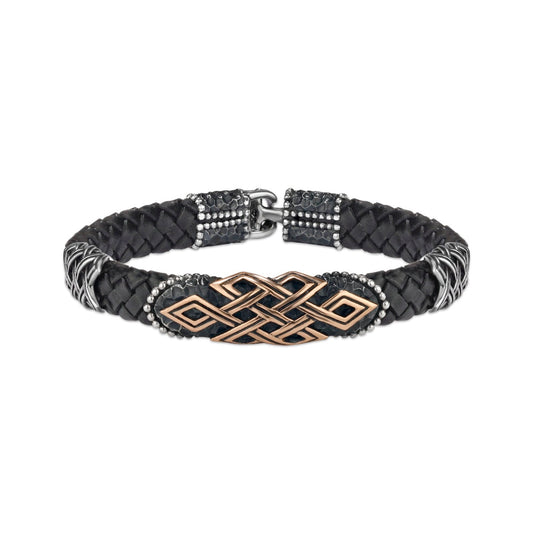 Leather Strap Silver Men's Bracelet with Baklava Pattern Design