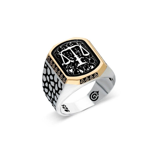 Men's Classic Silver Scales of Justice Ring with Engraved Sides