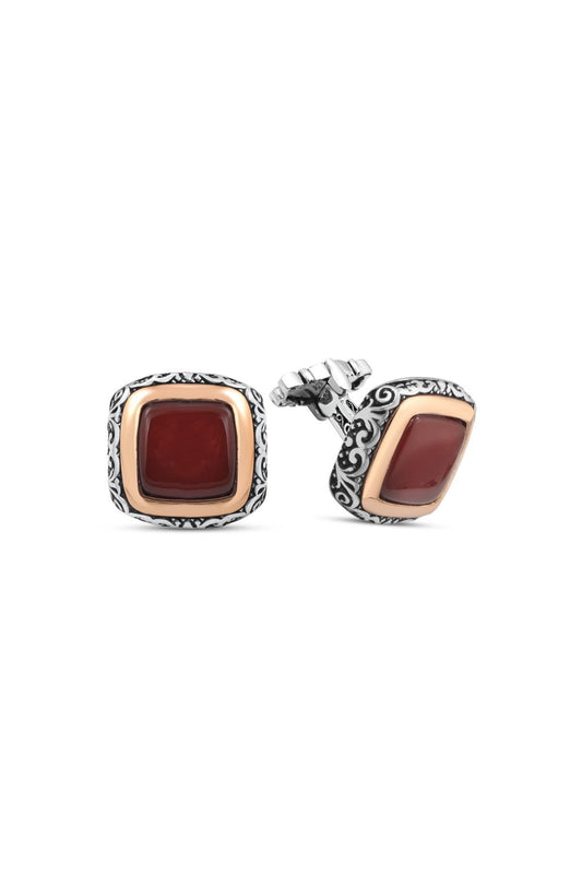Red Agate Cufflinks for Men with Engraved Edges