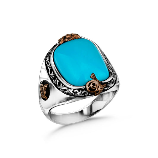 Turquoise Men's Silver Ring with Ottoman Tugra