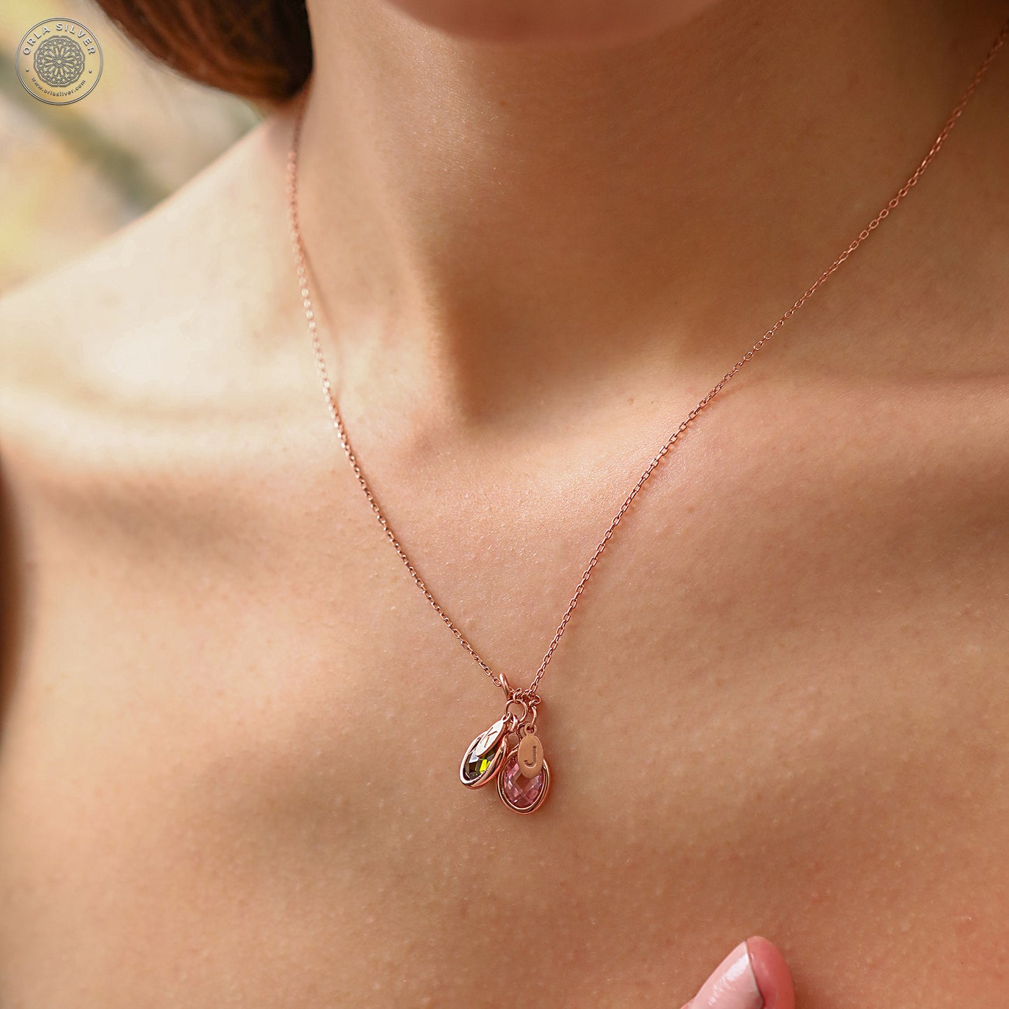 Initial Necklace with Birthstone in 925 Sterling Silver for Women rose 2 stones and letters