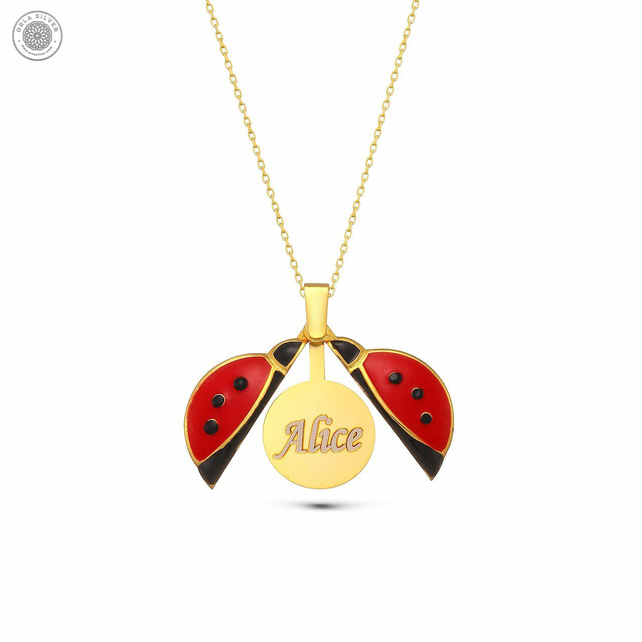 Personalized Ladybug Design Sterling Silver Women's Name Necklace opened white bg