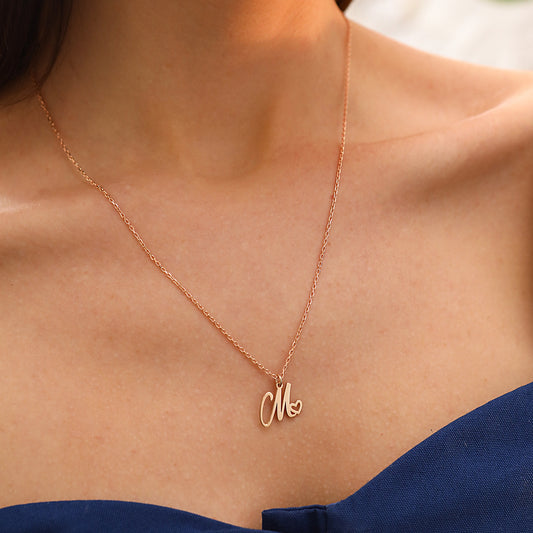 Personalized Silver Initial Heart Necklace for Women rose color
