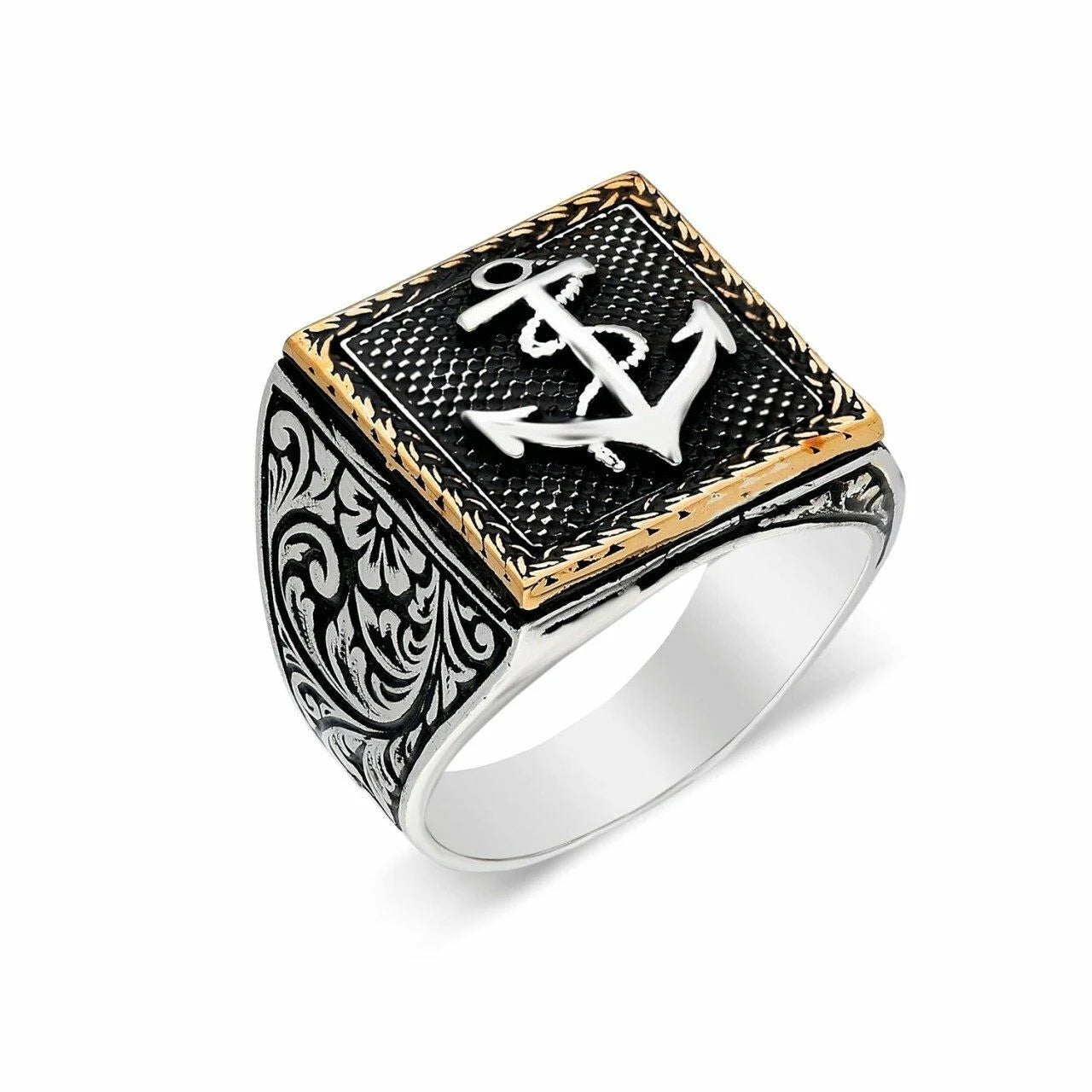 Anchor Ring - 925 Sterling Silver Square Maritime Design with Engraved Sides