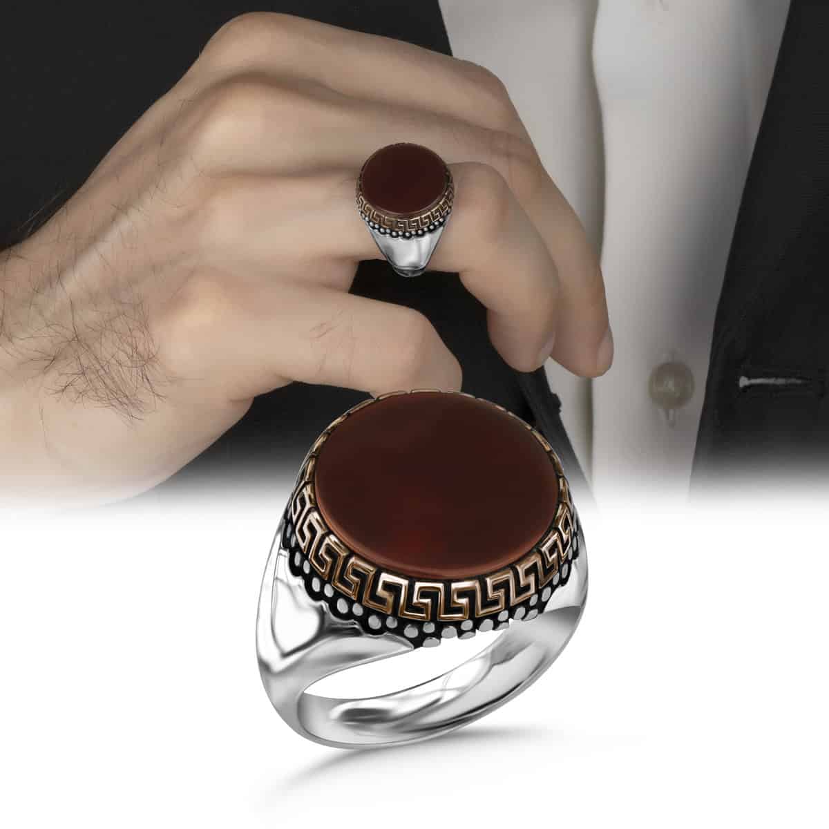 Handmade Red Agate Stone Men's Silver Ring- two-image