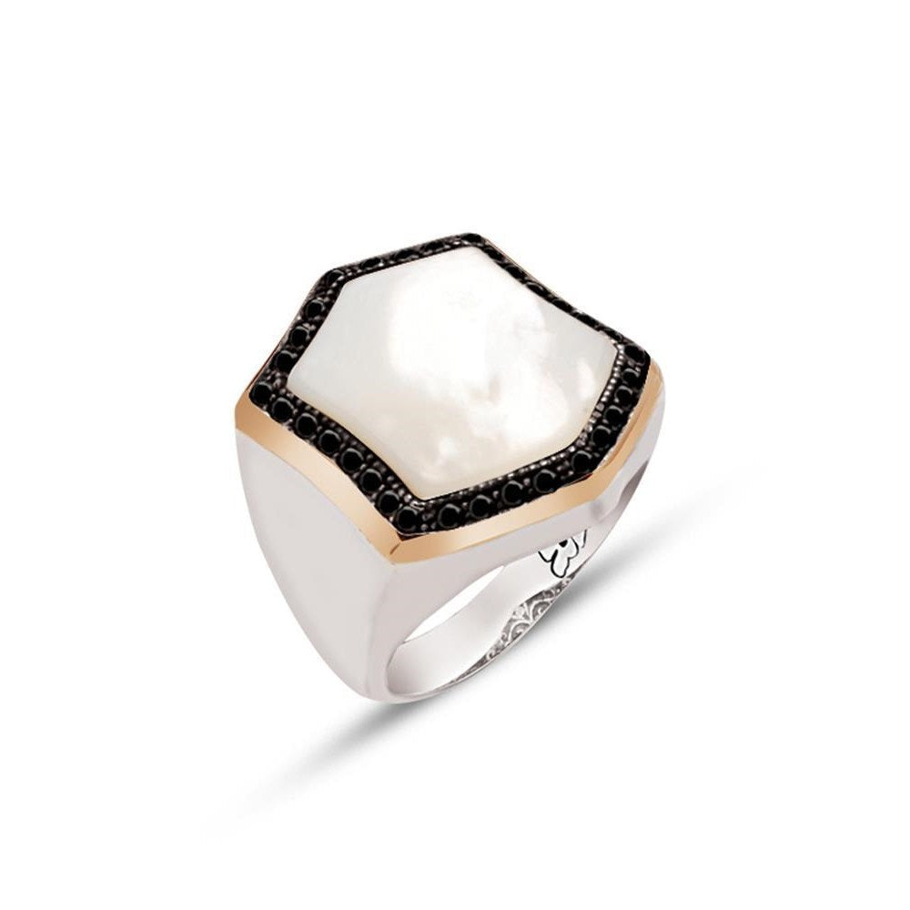 Men's Silver Ring with Special Cut Mother of Pearl Stone and Zircon Engraved Edges