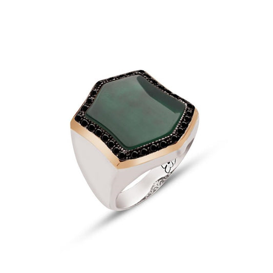 Silver Ring with Special Cut Green Agate Stone and Zircon Engraved Edges