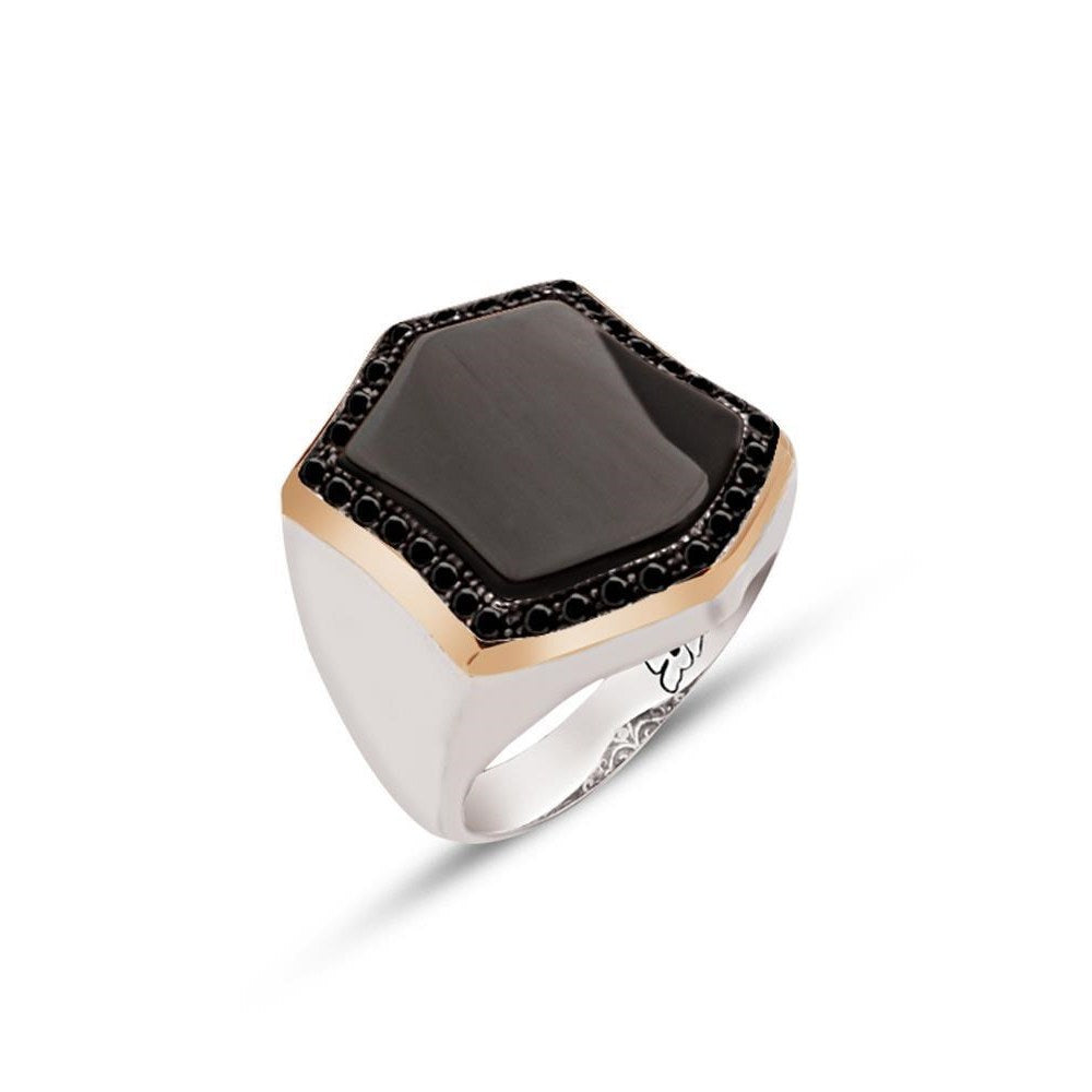 Onyx Zircon Engraved Silver Rings 925