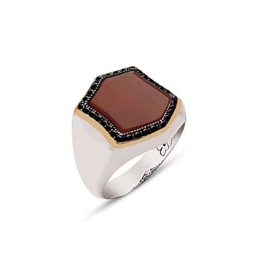 Red Agate Ring with Zircon Engraved