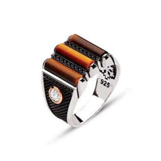 Sterling Silver Men's Ring with Three Cylindrical Tiger's Eye Stones Inlaid Between Zircons and a White Zircon Siding