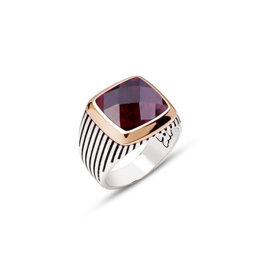 Faceted Garnet Stone Men's Silver Ring