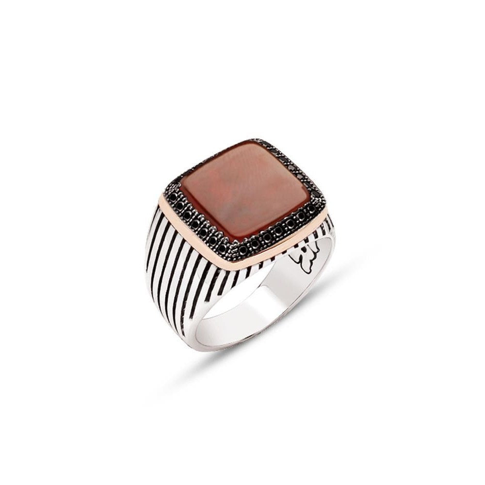 Black Zircon Stone And Agate Silver Ring