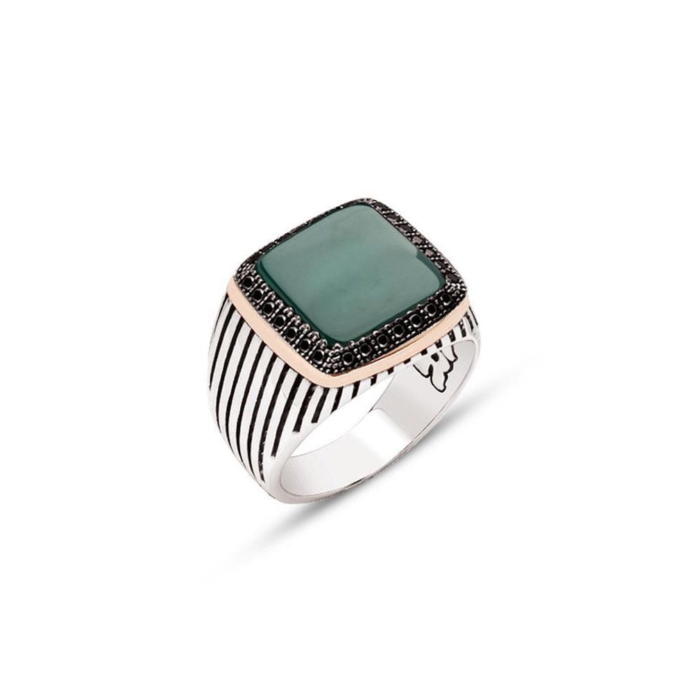 Black Zircon And Green Agate Silver Ring