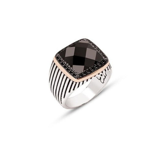 Black Zircon Gemstone Silver Ring For Men
