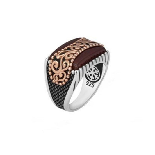 Brown Agate Engraved Silver Ring