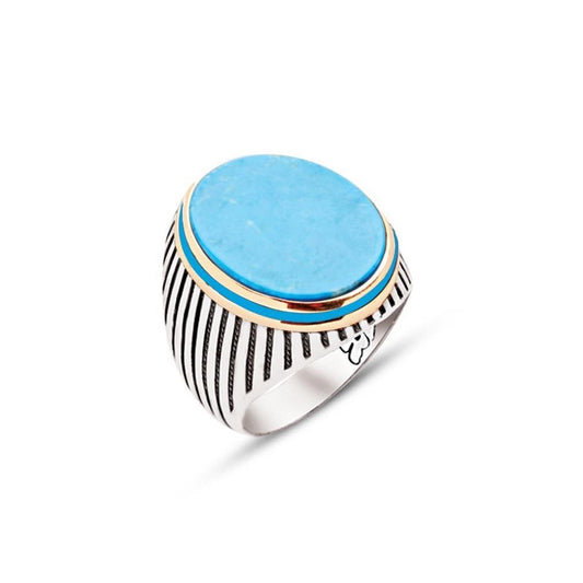 Enameled Turquoise Ellipse Men's Silver Ring with Striped Siding