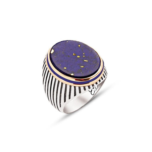 Lapis Lazuli Stone with Enameled Purple Ellipse Men's Silver Ring with Siding Striped Design