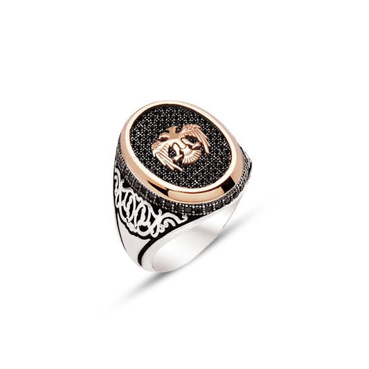 Seljuk Eagle Engraved Black Zircon Mens Silver Rings