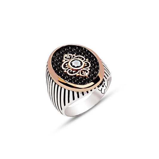 Single Stone Motive Black Zircon Mens Silver Ring