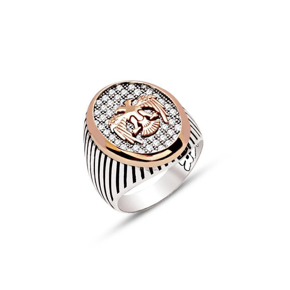 Seljuk Eagle White Zircon Mens Silver Ring