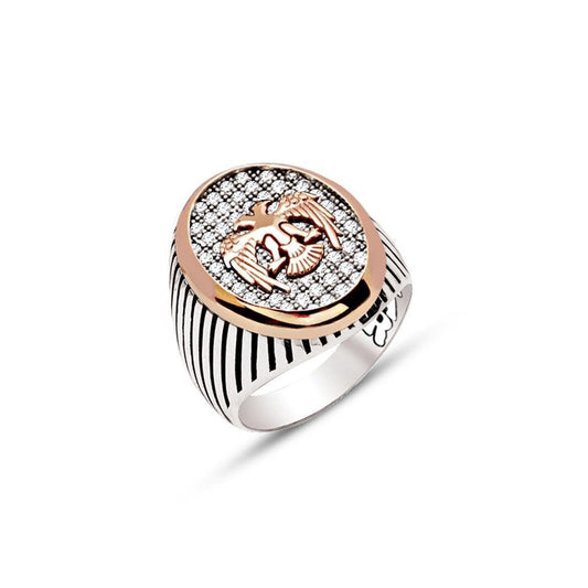 Seljuk Eagle White Zircon Mens Silver Ring