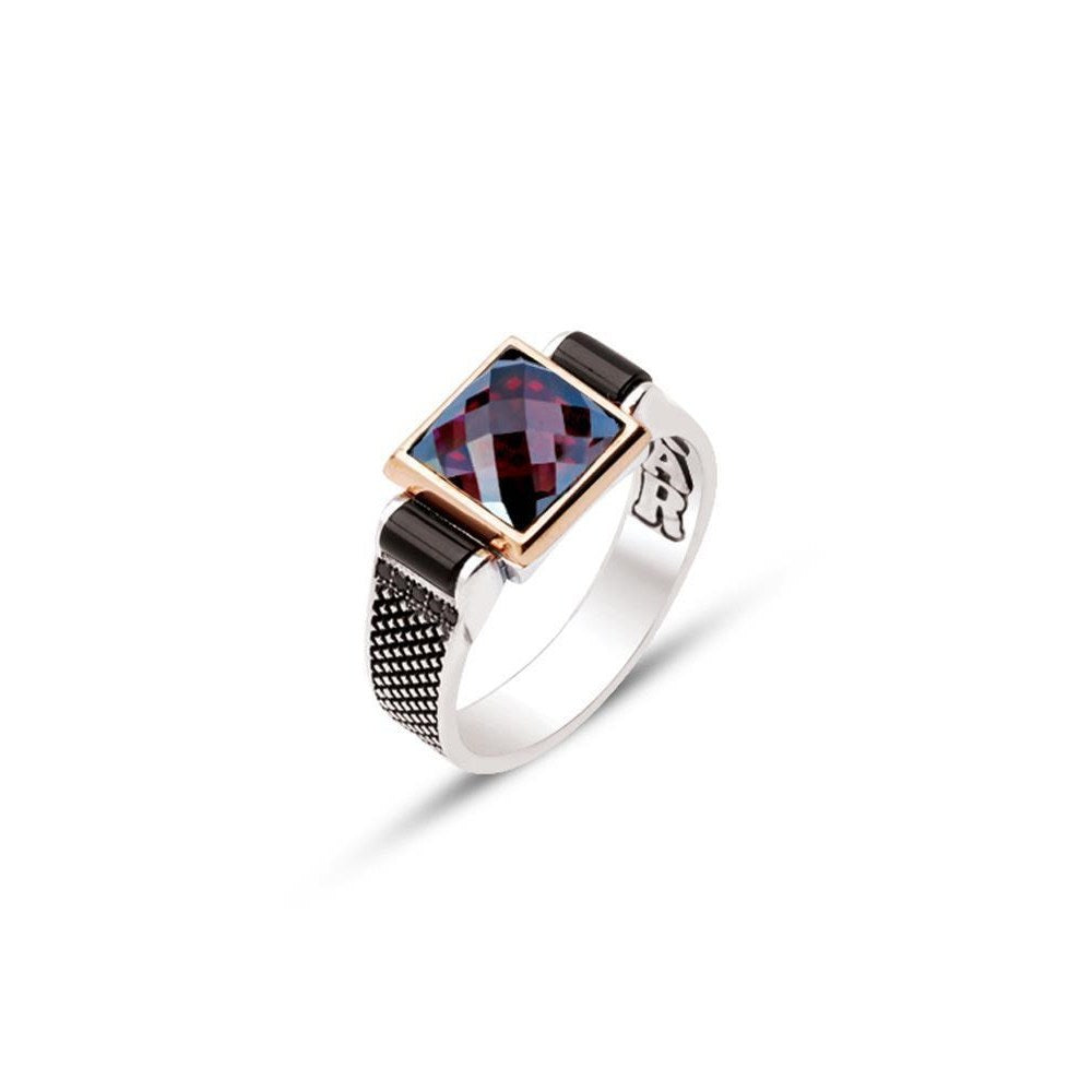 Top And Side Black Zircon Stone Men Silver Ring