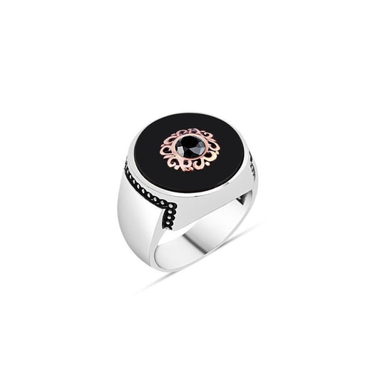 Onyx And Zircon Motive Silver Men's Ring