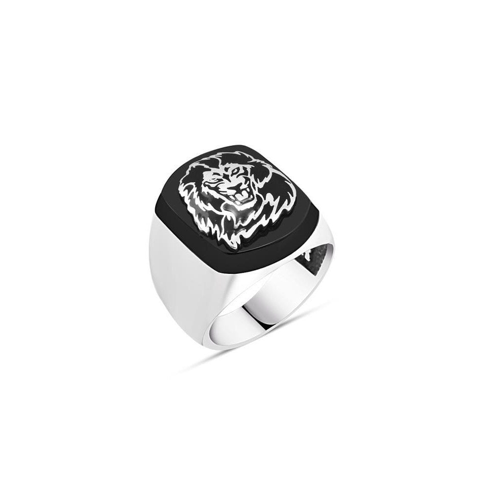 925 Silver Ring With Onyx Lion Head