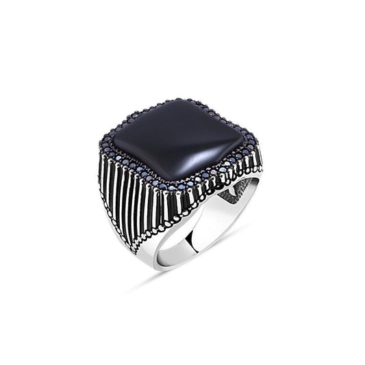 Flat Onyx And Small Black Zircon Men Ring Silver