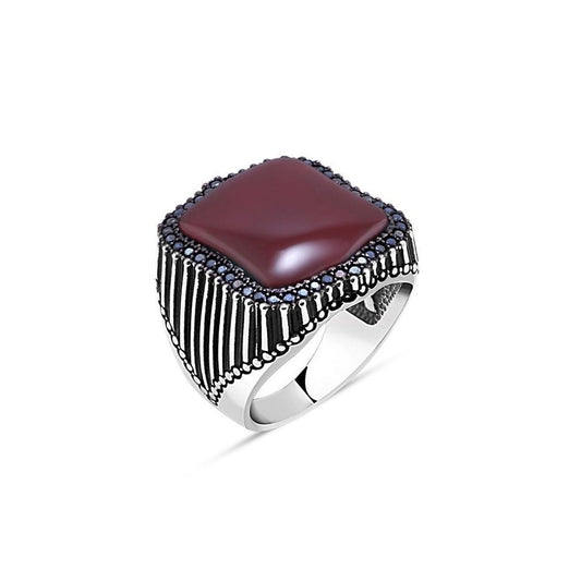 Flat Middle Red Agate Stone Edge with Tiny Black Zircon Stone Men's Ring