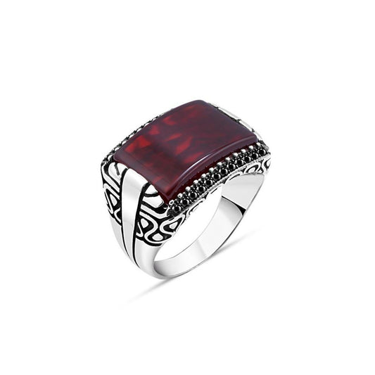 Red Agate Stone Edged with Tiny Black Zircon Stone Ring