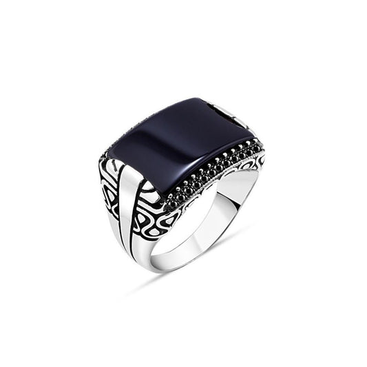 Onyx Stone And Black Zircon Men's Silver Rings