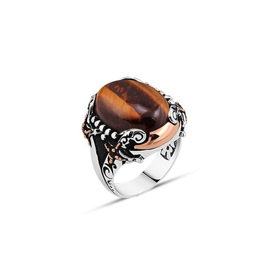 Hooded Tiger's Eye Stone Mens Silver Rings