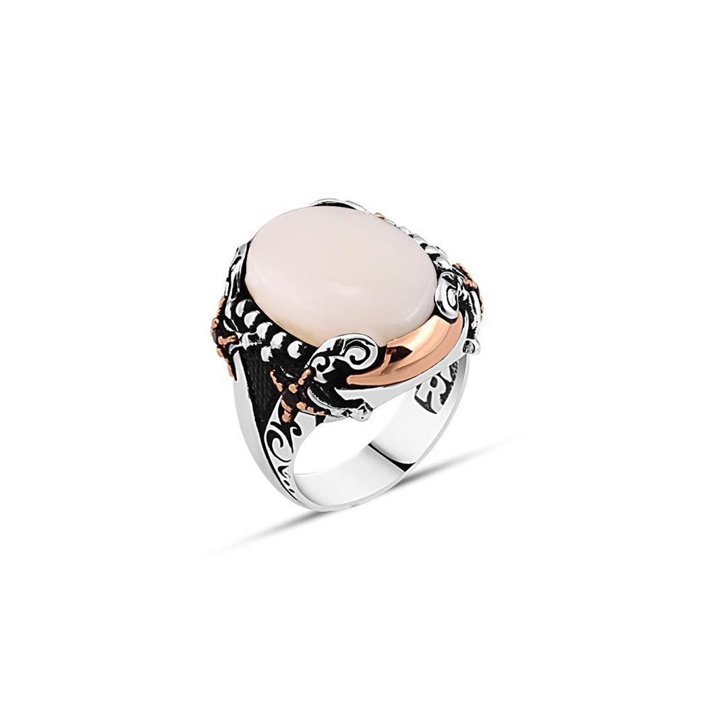 Plain White Ellipse Mother of Pearl Stone Men's Silver Ring with Embroidered Double Sword Siding