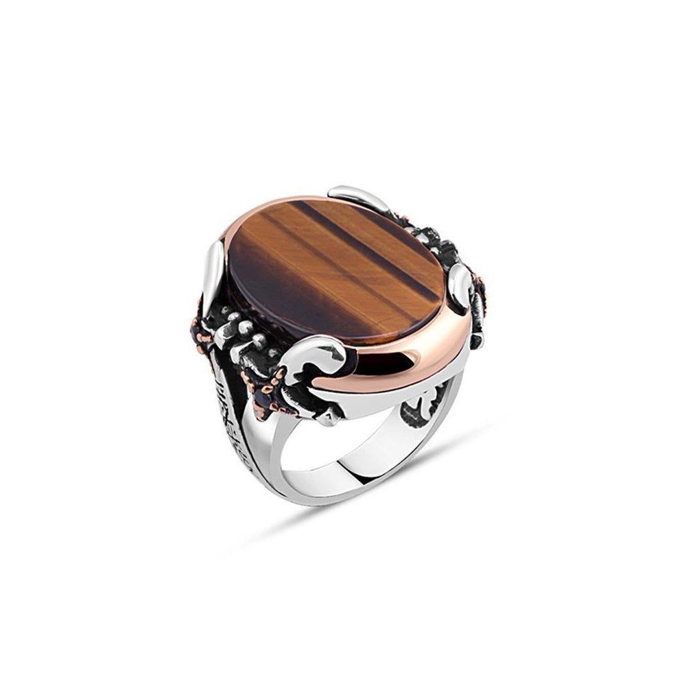 Men's Silver Ring with Plain Ellipse Tiger Eye Stone and Double Sword Siding.