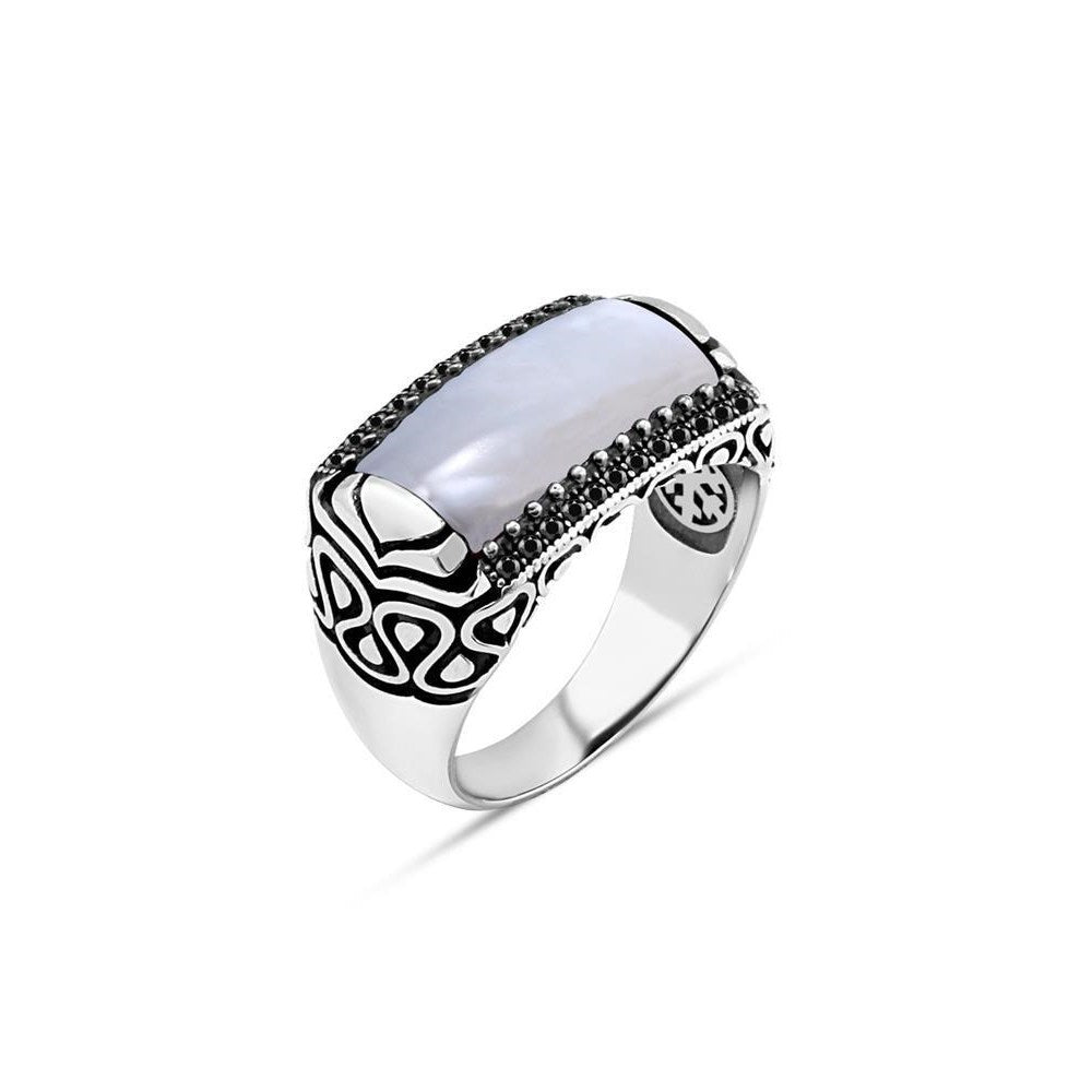 Mens Rings Silver With Mother Of Pearl Stone