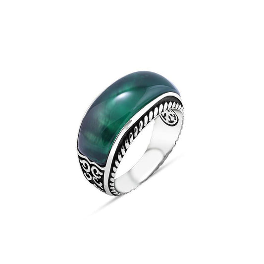 Green Agate Stone Mens Rings Silver