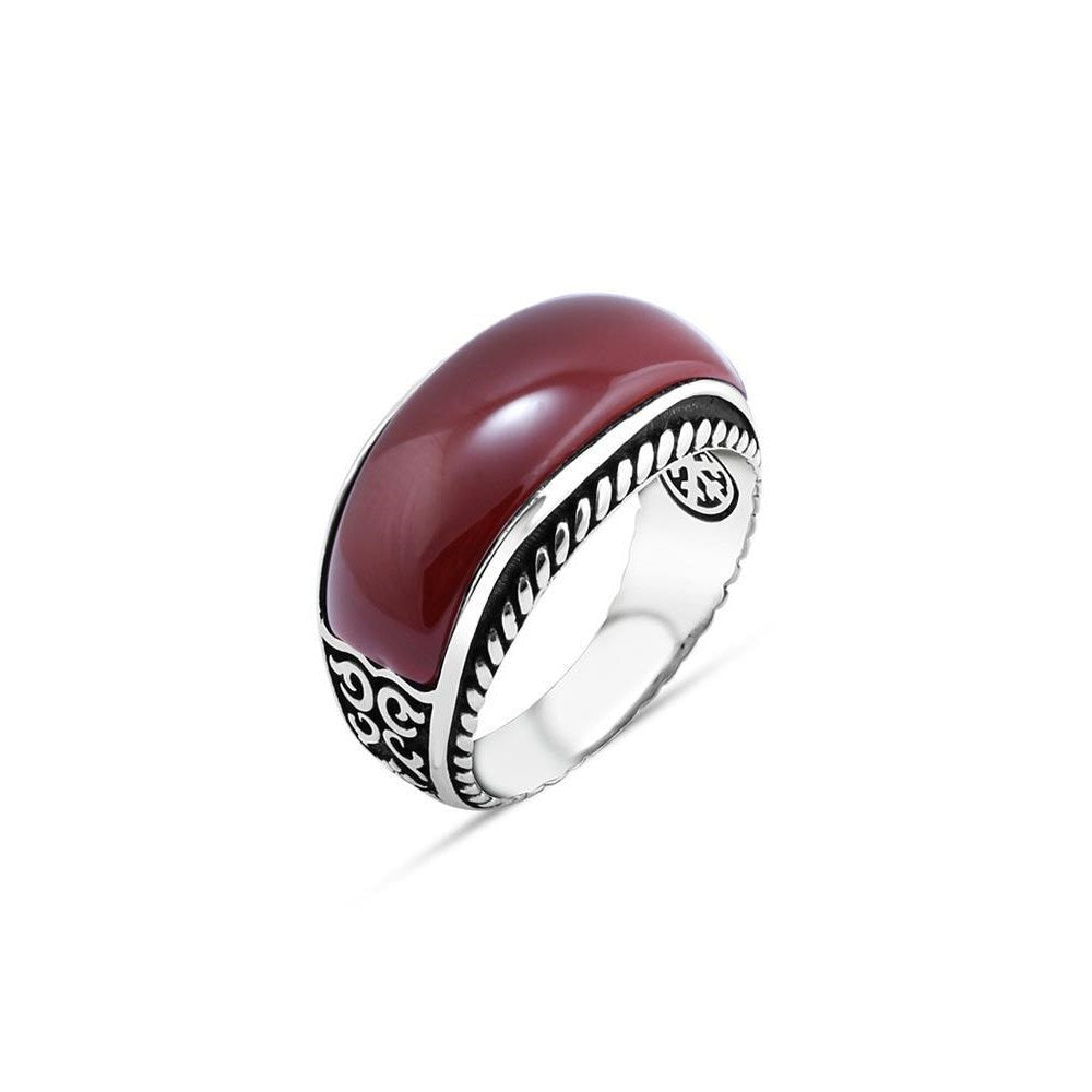 Red Agate Stone Mens Rings Silver