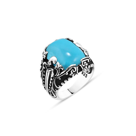Men's Silver Turquoise Stone Ring with Sword Pattern Siding