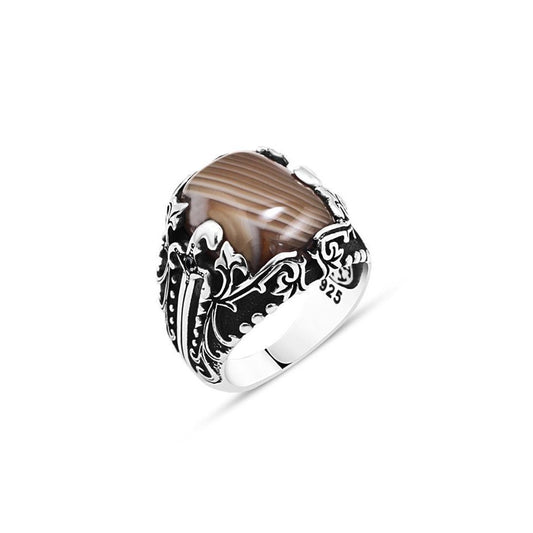 Striped Square Brown Veined Agate Stone Men's Silver Sword Ring