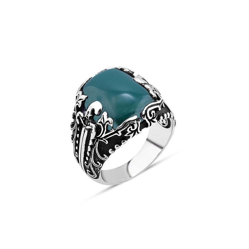 Green Agate Stone Mens Silver Ring
