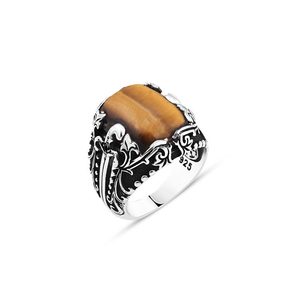 Square Tiger Eye Stone with Sword Pattern Siding Men's Silver Ring
